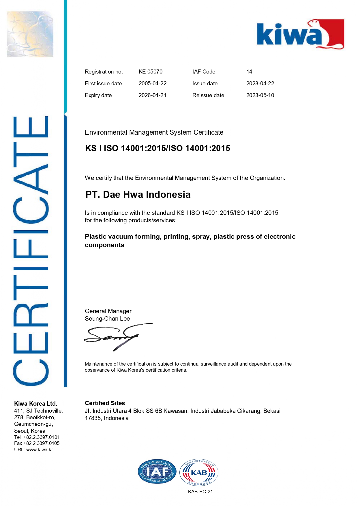 ISO 14001:2015 certificate